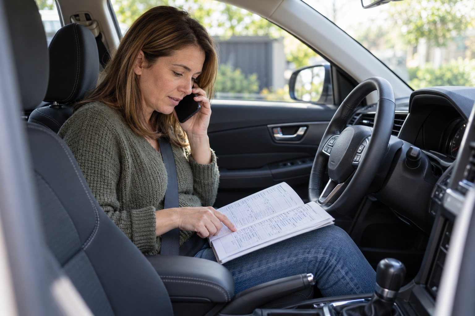 Driver checking a service logbook while making a phone enquiry from a parked car.