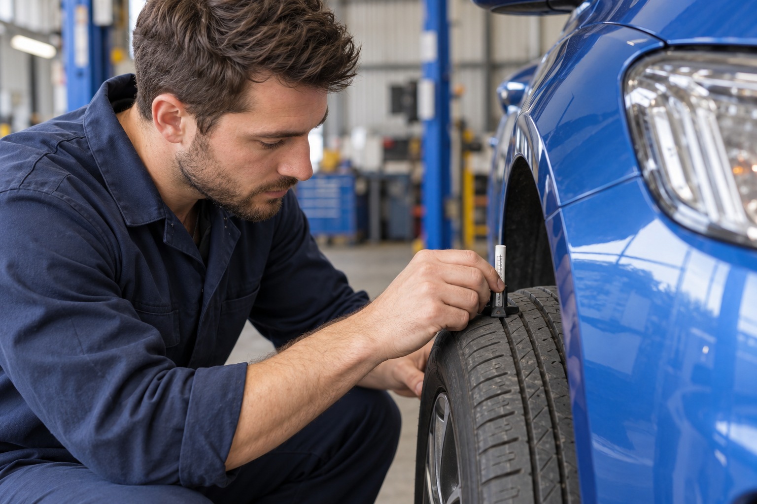 Mechanic measuring a hatchback tyre groove with a tread depth gauge.