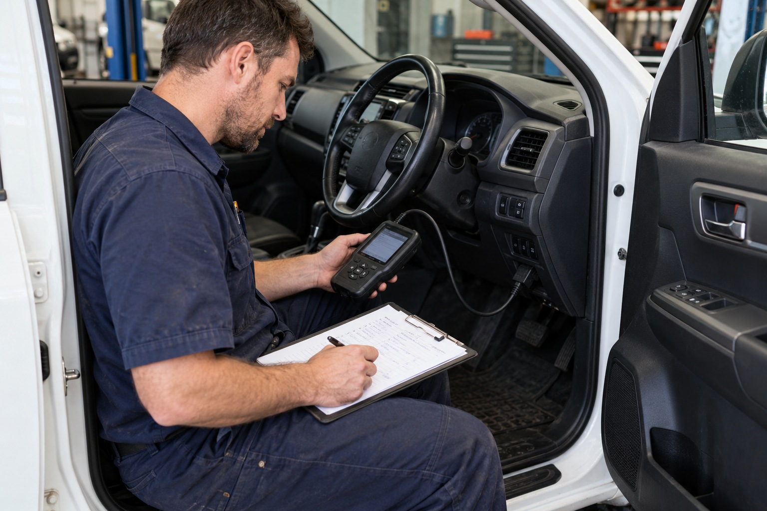 Technician using a diagnostic scan tool and recording test notes in a parked ute.