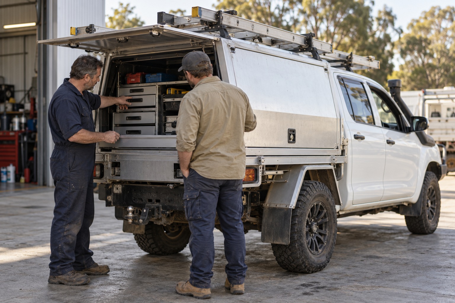 Owner and mechanic discussing a work ute canopy, tool drawers and towing setup.