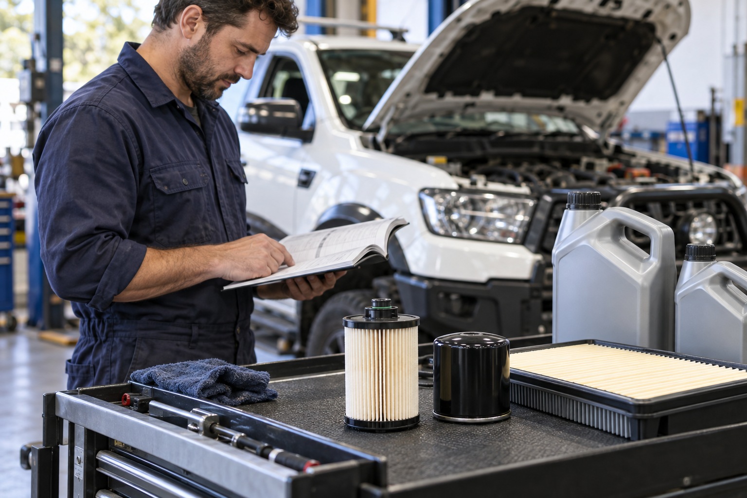 Diesel service filters and oil containers beside a ute and its service booklet.