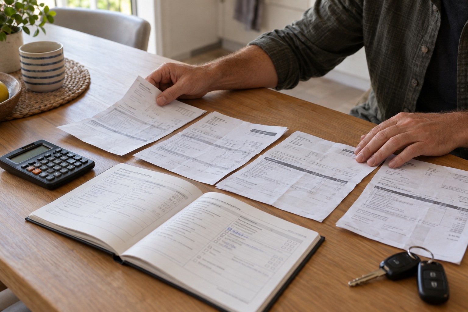 Owner reviewing several maintenance invoices alongside the ute service logbook.