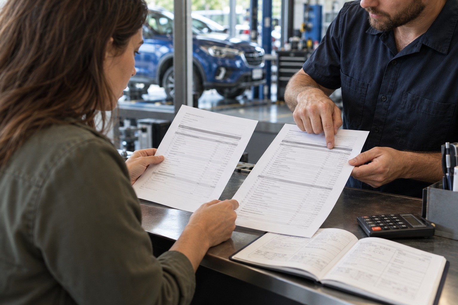 Driver and mechanic comparing two itemised service estimates against a logbook.