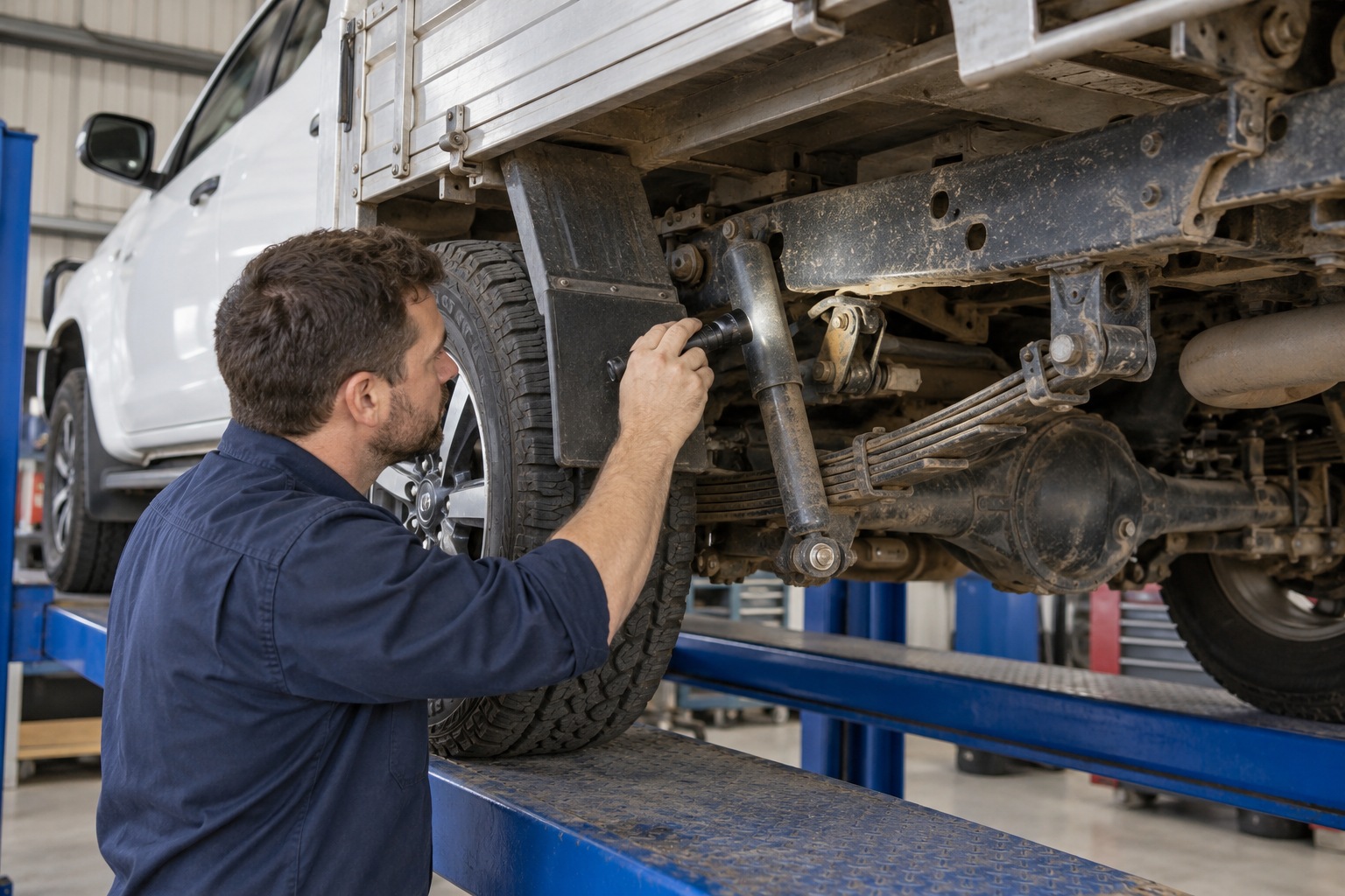 Mechanic inspecting a work ute chassis and rear suspension on a drive-on hoist.