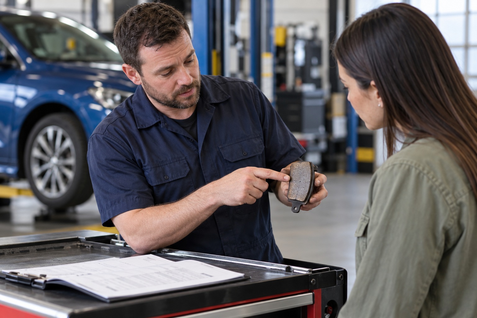 Mechanic showing a removed brake pad to a customer beside the service job sheet.