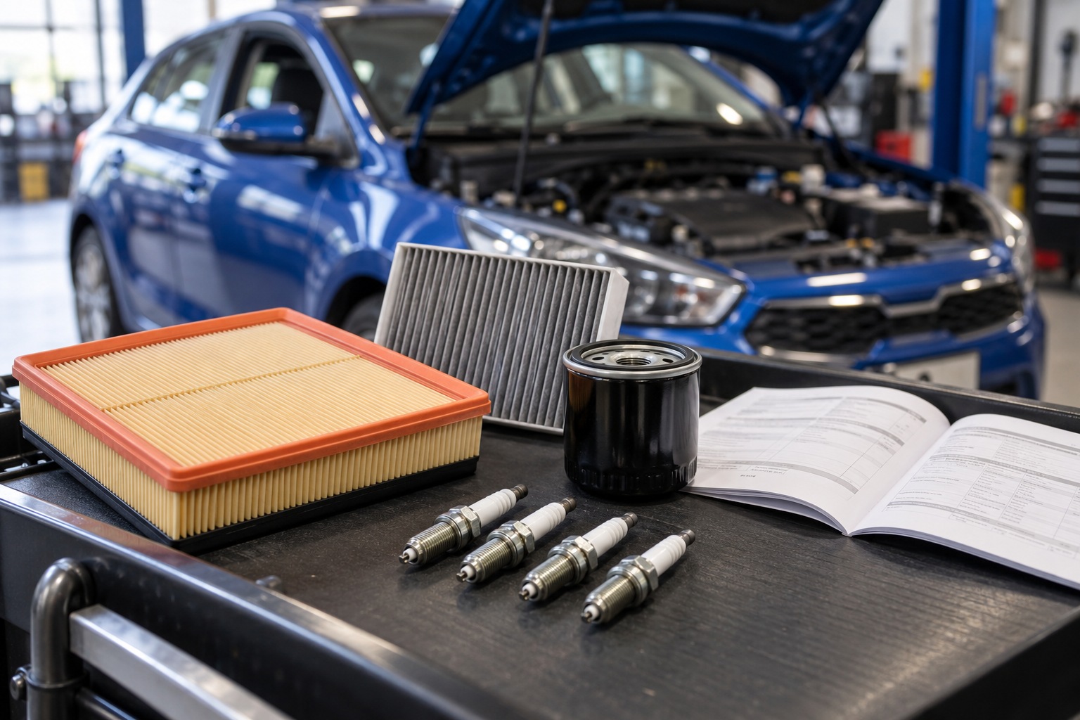 Spark plugs, air and cabin filters, and an oil filter beside a service schedule.
