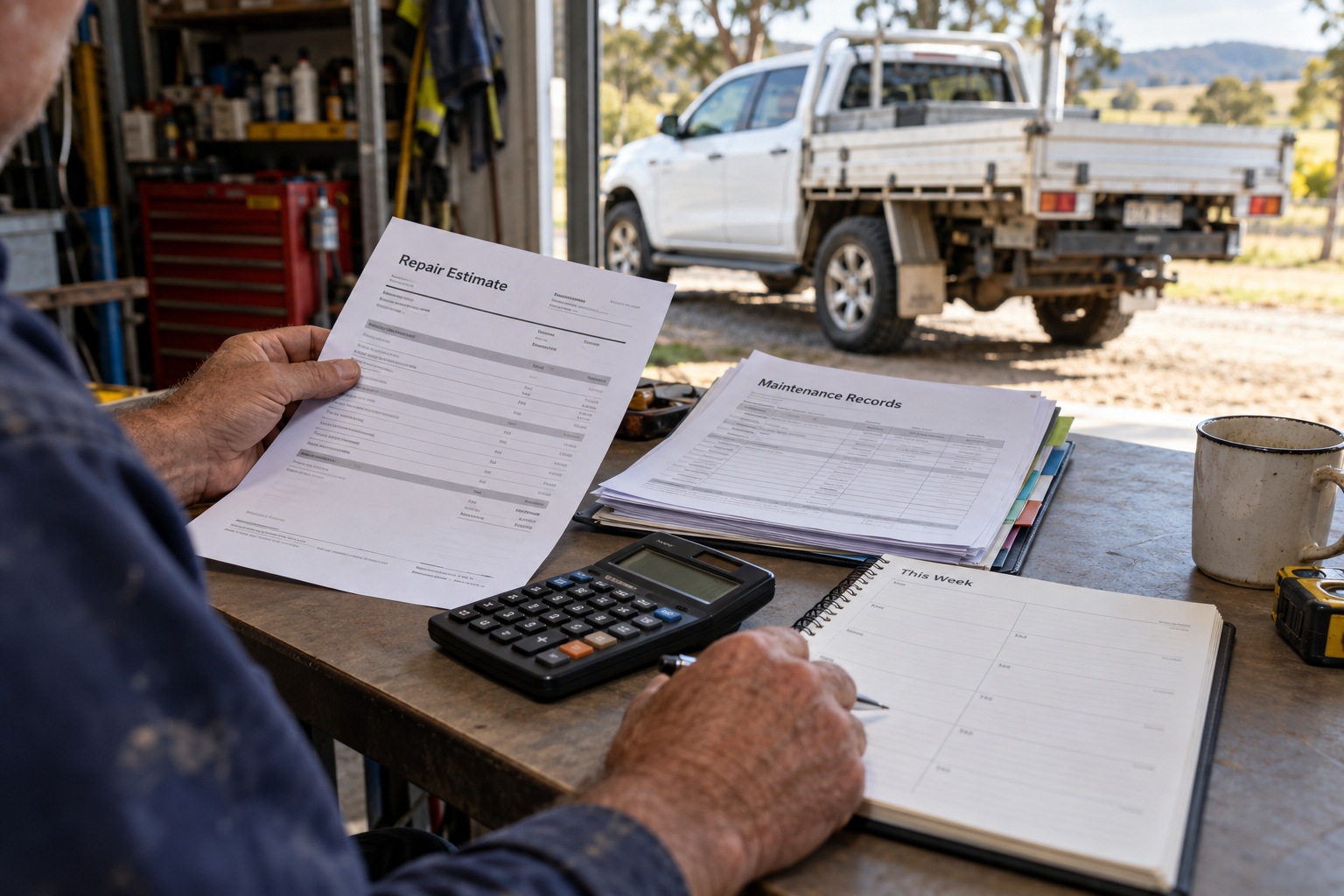 Work ute owner reviewing a repair estimate, maintenance records and weekly diary.