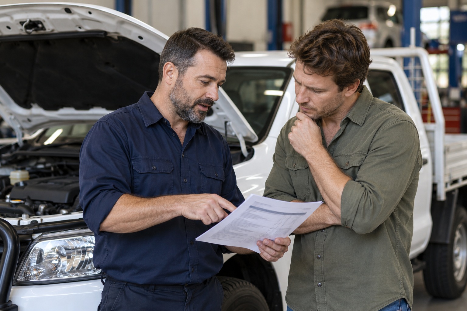 Mechanic explaining an itemised repair report to a ute owner before work is authorised.