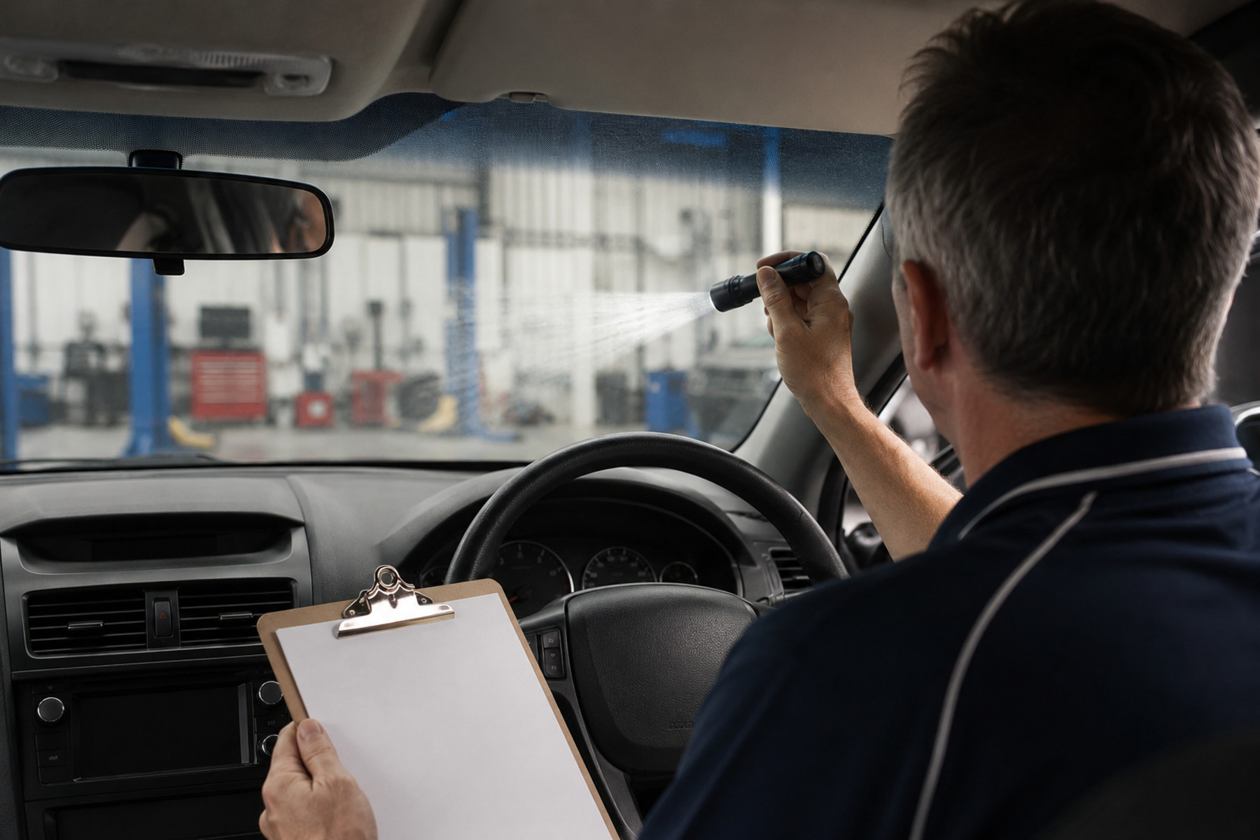 Licensed vehicle tester inspecting a windscreen from the driver's seat with a torch and checklist