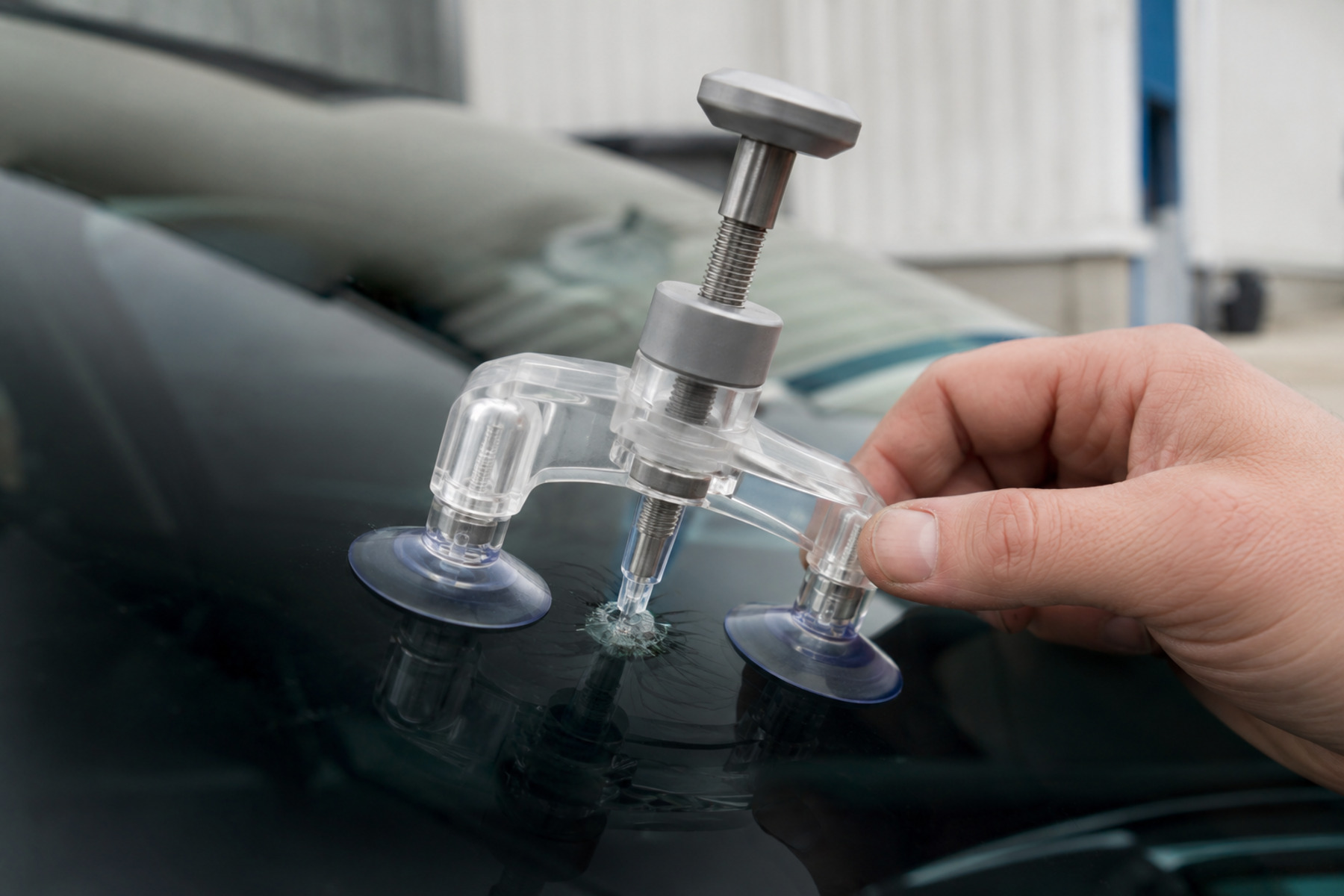 Resin injection tool clamped to windscreen glass during a chip repair with vacuum bridge visible